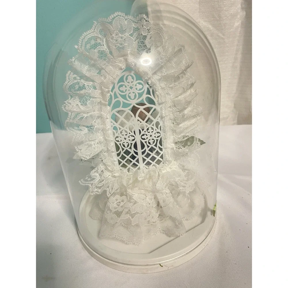 Vintage Wedding Cake Topper Ceramic Bride And Groom In Plastic Cloche Dome 1980s